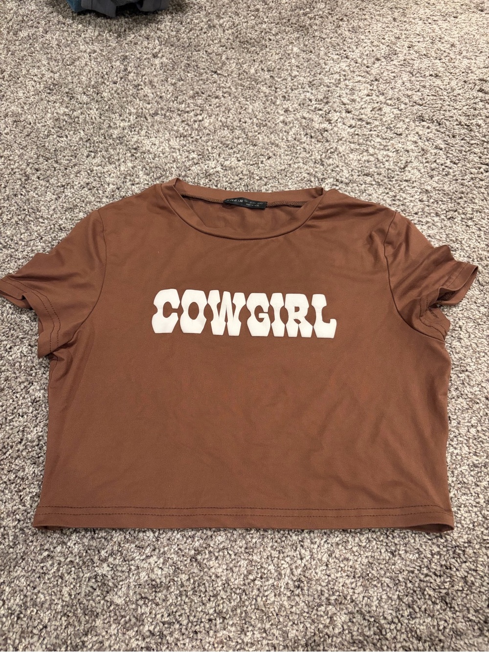 SHEIN Brown Crop Tee with White Cowgirl Graphic